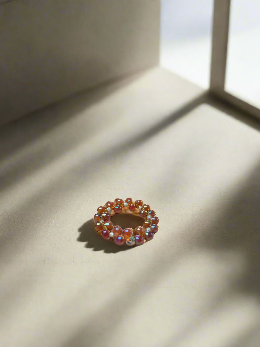 Burgundy Golden Bearded Iris Japanese Glass Bead Ring