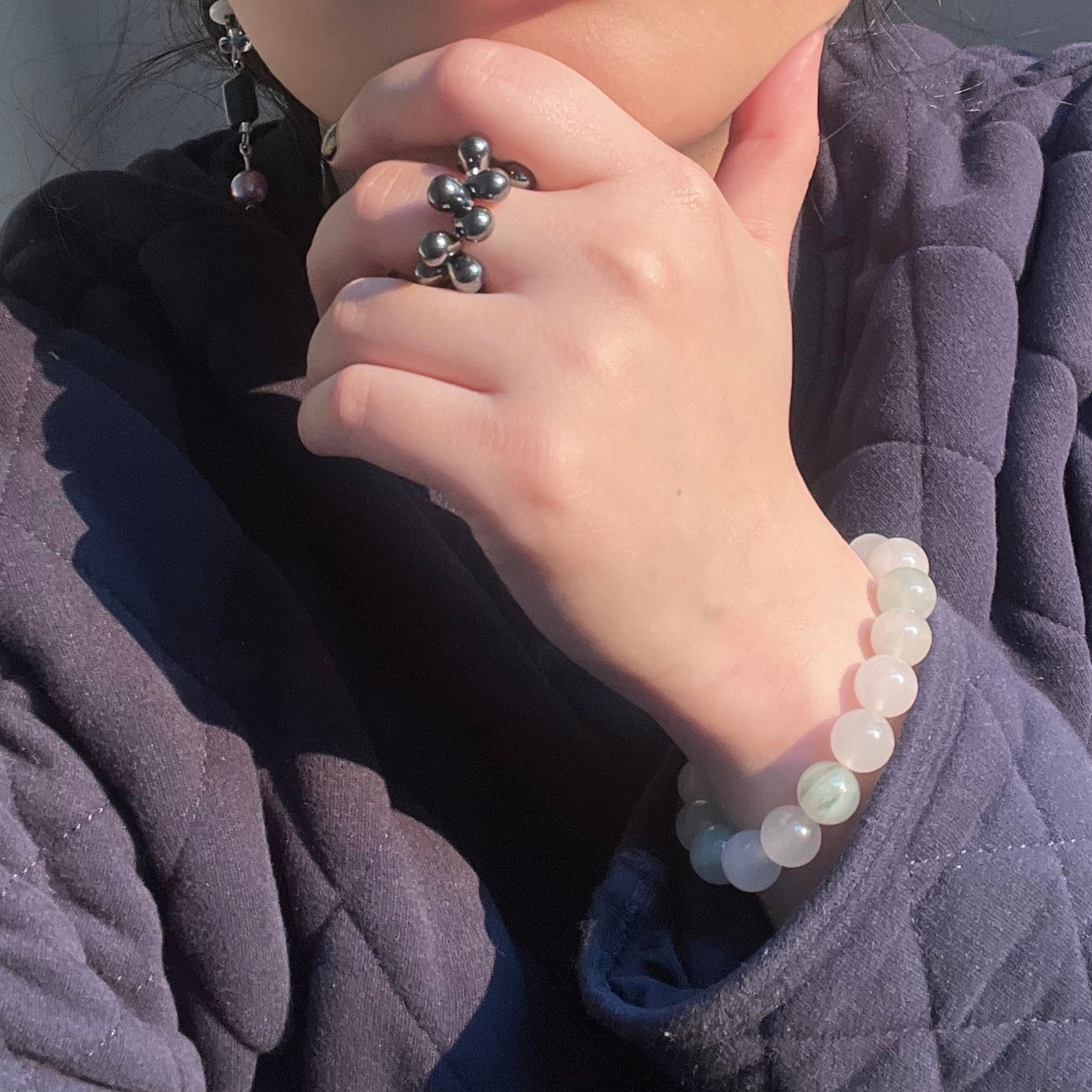 Black Hematite Iris Czech Glass Beads Ring